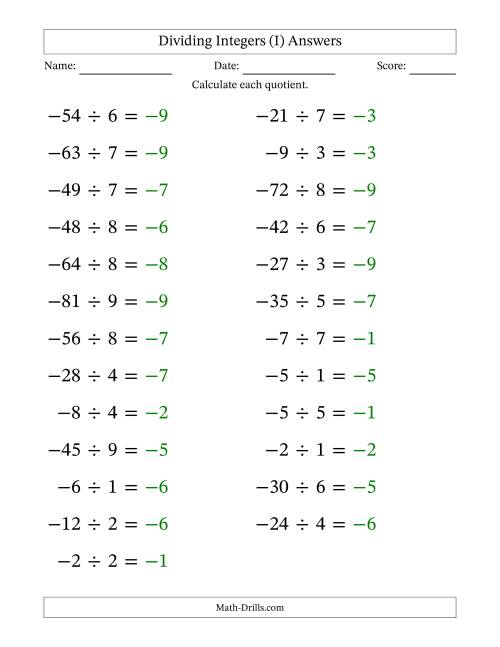 The Dividing Negative by Positive Integers from -9 to 9 (25 Questions; Large Print) (I) Math Worksheet Page 2