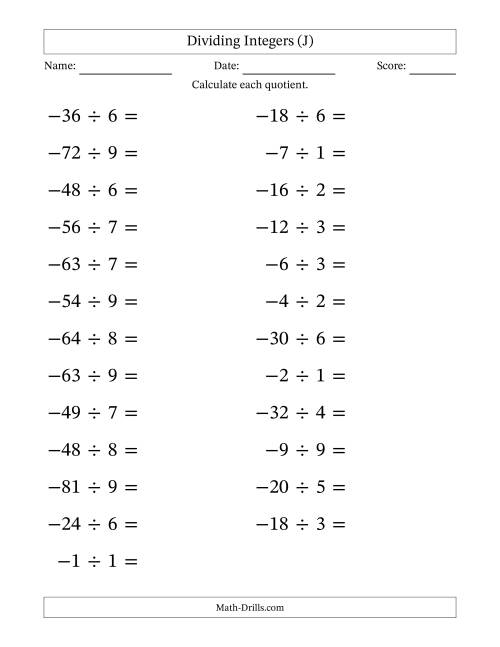 The Dividing Negative by Positive Integers from -9 to 9 (25 Questions; Large Print) (J) Math Worksheet