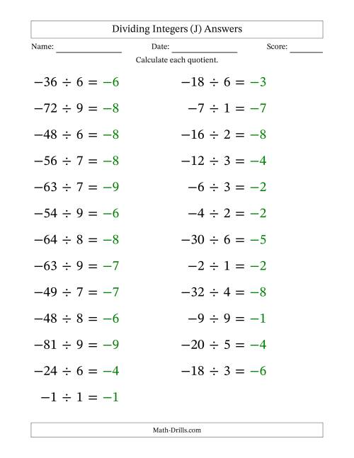 The Dividing Negative by Positive Integers from -9 to 9 (25 Questions; Large Print) (J) Math Worksheet Page 2