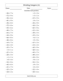 Dividing Negative by Positive Integers from -9 to 9 (50 Questions)