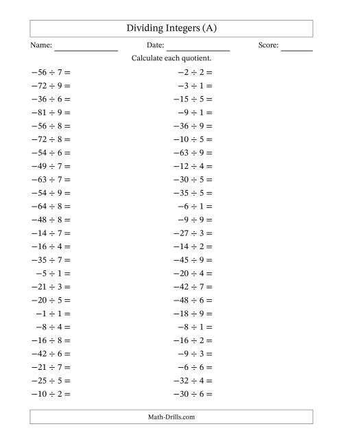 The Dividing Negative by Positive Integers from -9 to 9 (50 Questions) (A) Math Worksheet