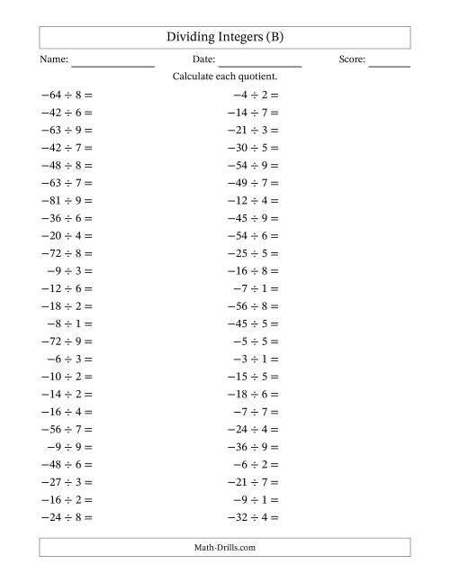The Dividing Negative by Positive Integers from -9 to 9 (50 Questions) (B) Math Worksheet