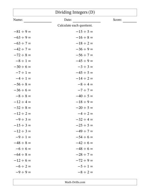 The Dividing Negative by Positive Integers from -9 to 9 (50 Questions) (D) Math Worksheet
