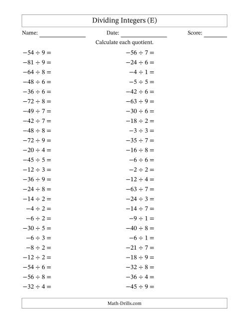 The Dividing Negative by Positive Integers from -9 to 9 (50 Questions) (E) Math Worksheet
