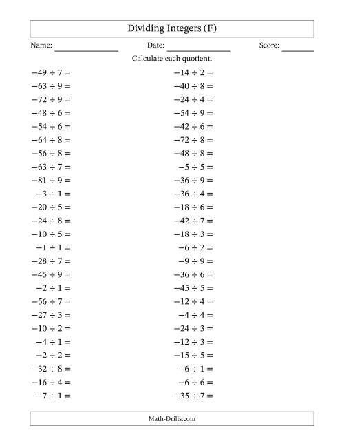 The Dividing Negative by Positive Integers from -9 to 9 (50 Questions) (F) Math Worksheet