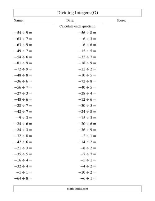 The Dividing Negative by Positive Integers from -9 to 9 (50 Questions) (G) Math Worksheet
