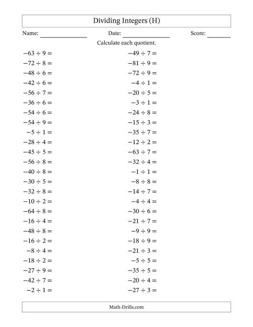 The Dividing Negative by Positive Integers from -9 to 9 (50 Questions) (H) Math Worksheet