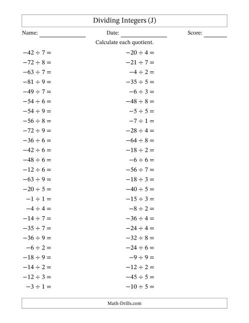 The Dividing Negative by Positive Integers from -9 to 9 (50 Questions) (J) Math Worksheet