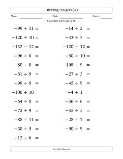 Dividing Negative by Positive Integers from -12 to 12 (25 Questions; Large Print)