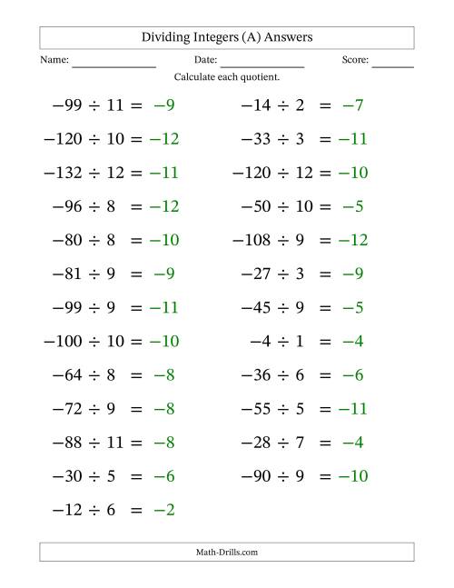 The Dividing Negative by Positive Integers from -12 to 12 (25 Questions; Large Print) (A) Math Worksheet Page 2