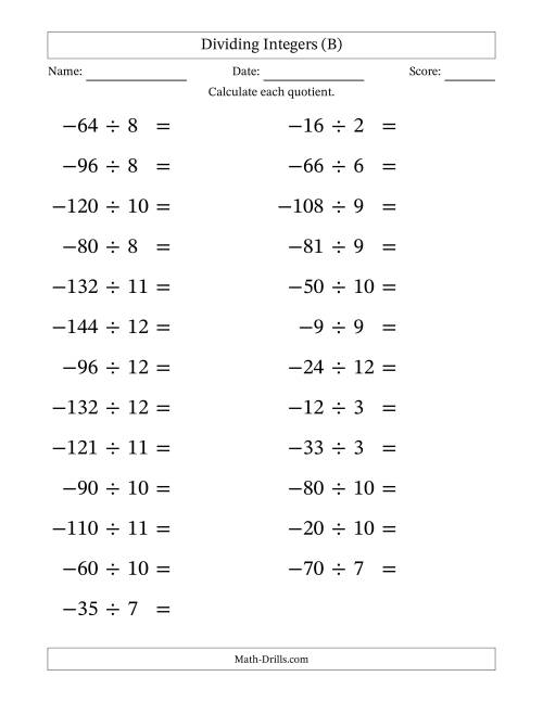 The Dividing Negative by Positive Integers from -12 to 12 (25 Questions; Large Print) (B) Math Worksheet
