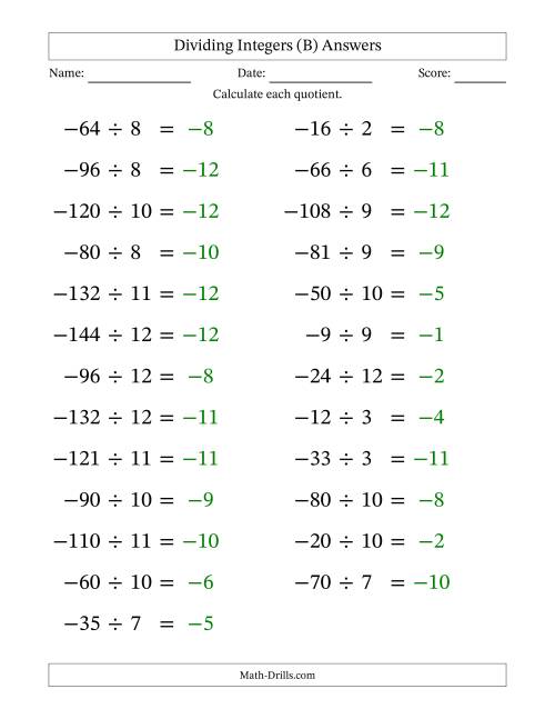 The Dividing Negative by Positive Integers from -12 to 12 (25 Questions; Large Print) (B) Math Worksheet Page 2