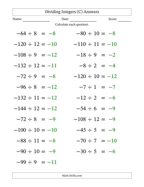 The Dividing Negative by Positive Integers from -12 to 12 (25 Questions; Large Print) (C) Math Worksheet Page 2