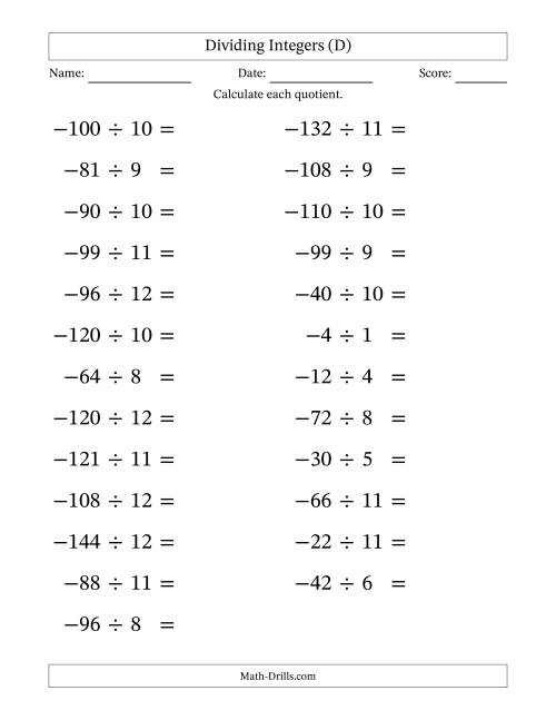 The Dividing Negative by Positive Integers from -12 to 12 (25 Questions; Large Print) (D) Math Worksheet