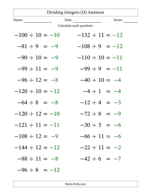 The Dividing Negative by Positive Integers from -12 to 12 (25 Questions; Large Print) (D) Math Worksheet Page 2
