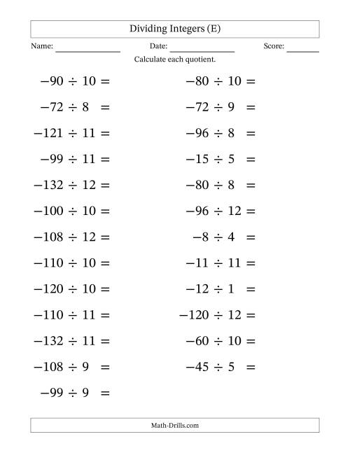 The Dividing Negative by Positive Integers from -12 to 12 (25 Questions; Large Print) (E) Math Worksheet