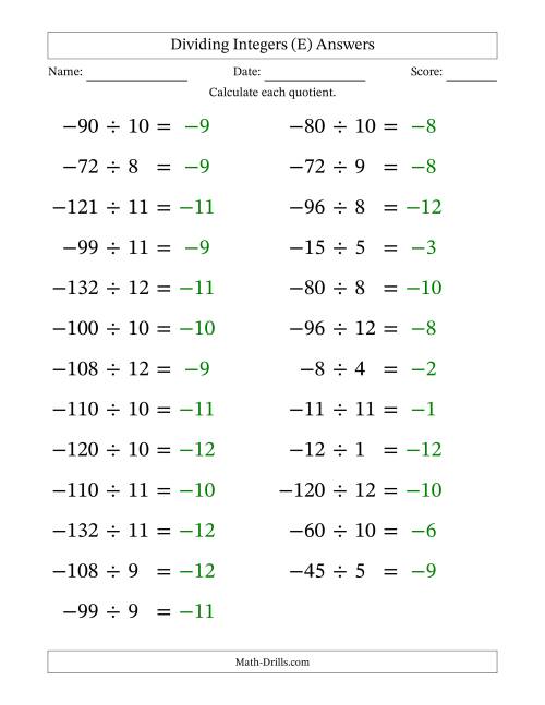 The Dividing Negative by Positive Integers from -12 to 12 (25 Questions; Large Print) (E) Math Worksheet Page 2