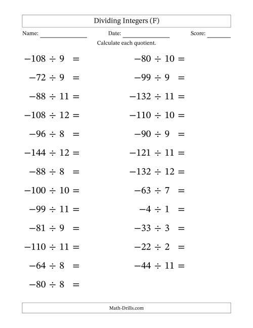 The Dividing Negative by Positive Integers from -12 to 12 (25 Questions; Large Print) (F) Math Worksheet