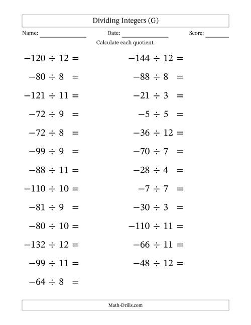 The Dividing Negative by Positive Integers from -12 to 12 (25 Questions; Large Print) (G) Math Worksheet