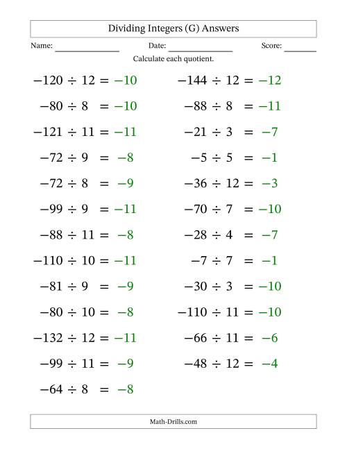 The Dividing Negative by Positive Integers from -12 to 12 (25 Questions; Large Print) (G) Math Worksheet Page 2