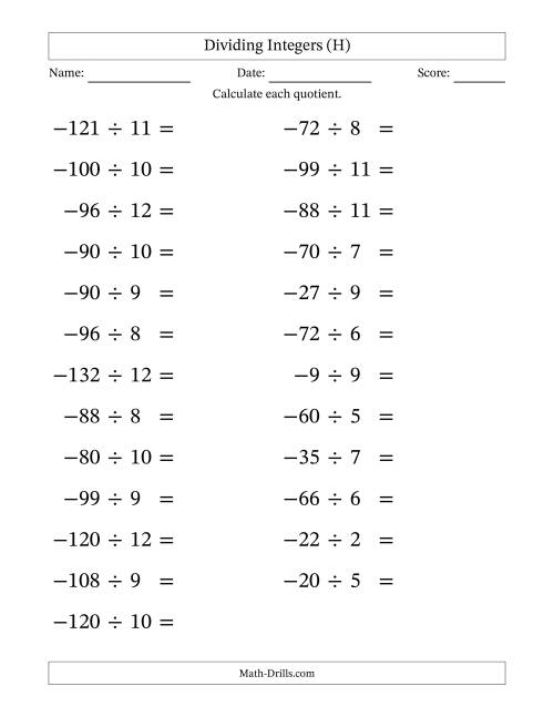 The Dividing Negative by Positive Integers from -12 to 12 (25 Questions; Large Print) (H) Math Worksheet