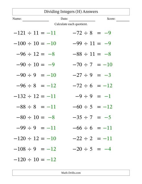 The Dividing Negative by Positive Integers from -12 to 12 (25 Questions; Large Print) (H) Math Worksheet Page 2