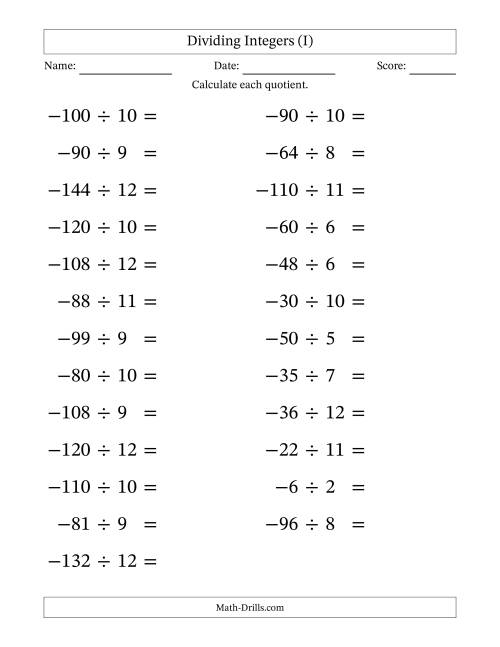 The Dividing Negative by Positive Integers from -12 to 12 (25 Questions; Large Print) (I) Math Worksheet