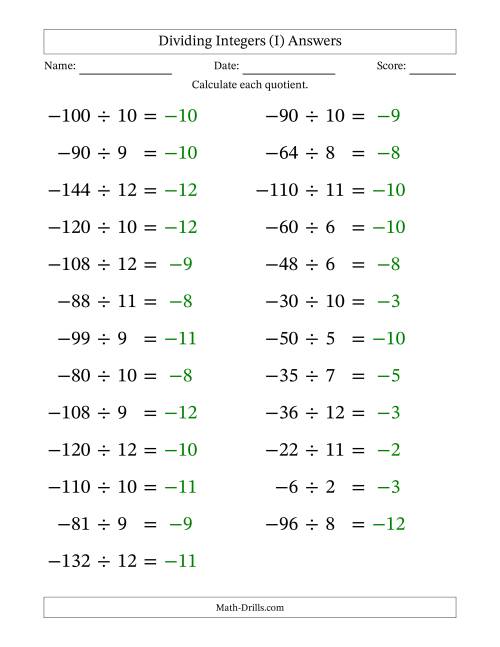 The Dividing Negative by Positive Integers from -12 to 12 (25 Questions; Large Print) (I) Math Worksheet Page 2
