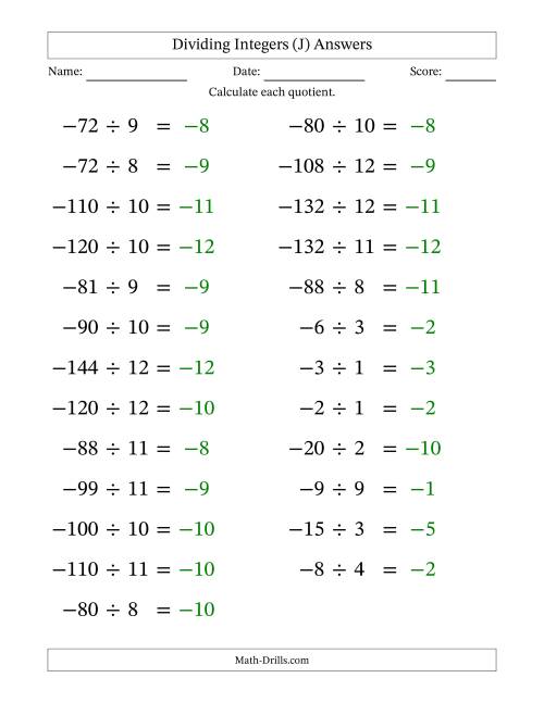 The Dividing Negative by Positive Integers from -12 to 12 (25 Questions; Large Print) (J) Math Worksheet Page 2