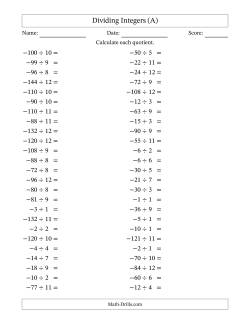 Dividing Negative by Positive Integers from -12 to 12 (50 Questions)