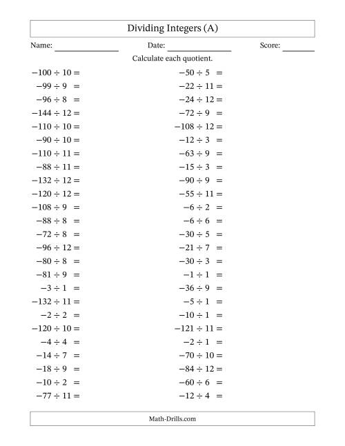 The Dividing Negative by Positive Integers from -12 to 12 (50 Questions) (A) Math Worksheet