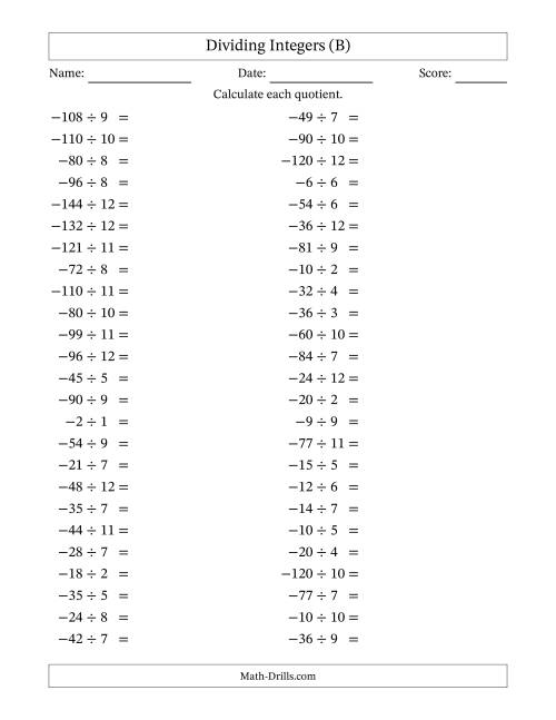 The Dividing Negative by Positive Integers from -12 to 12 (50 Questions) (B) Math Worksheet