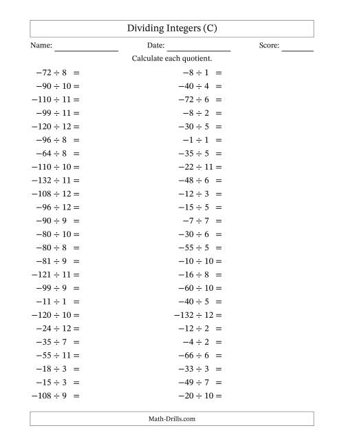 The Dividing Negative by Positive Integers from -12 to 12 (50 Questions) (C) Math Worksheet
