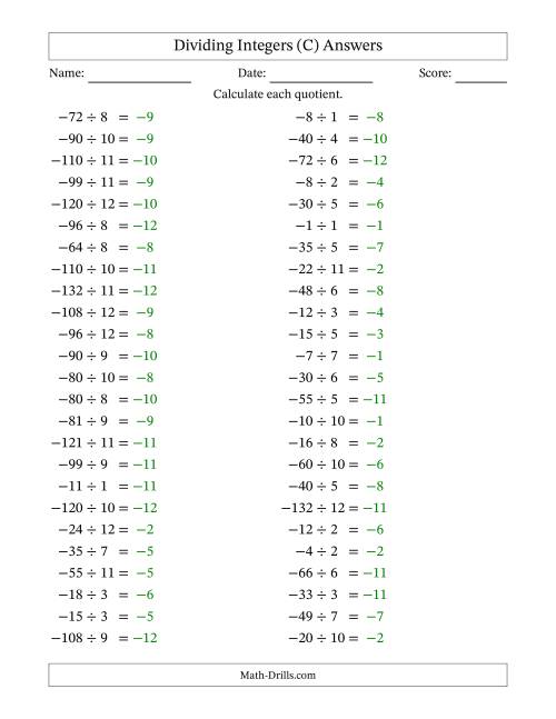 The Dividing Negative by Positive Integers from -12 to 12 (50 Questions) (C) Math Worksheet Page 2