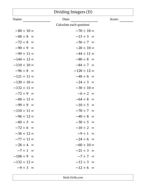 The Dividing Negative by Positive Integers from -12 to 12 (50 Questions) (D) Math Worksheet