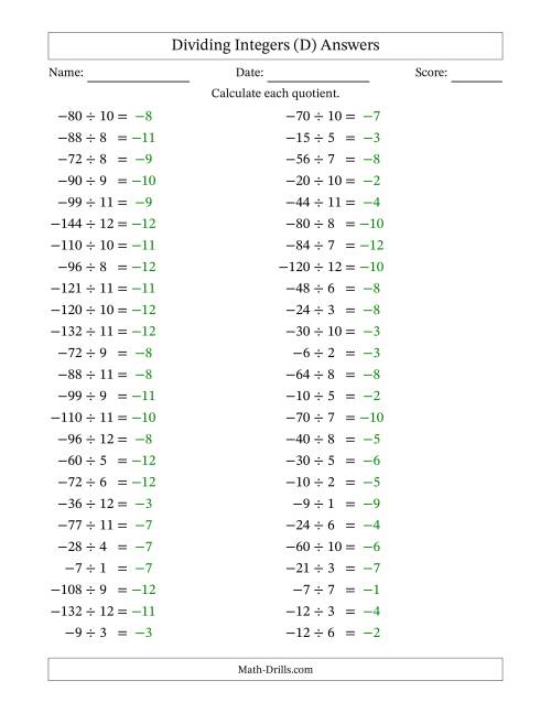 The Dividing Negative by Positive Integers from -12 to 12 (50 Questions) (D) Math Worksheet Page 2
