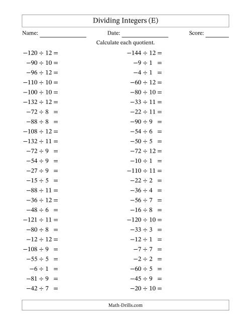 The Dividing Negative by Positive Integers from -12 to 12 (50 Questions) (E) Math Worksheet