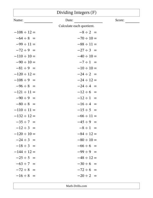 The Dividing Negative by Positive Integers from -12 to 12 (50 Questions) (F) Math Worksheet