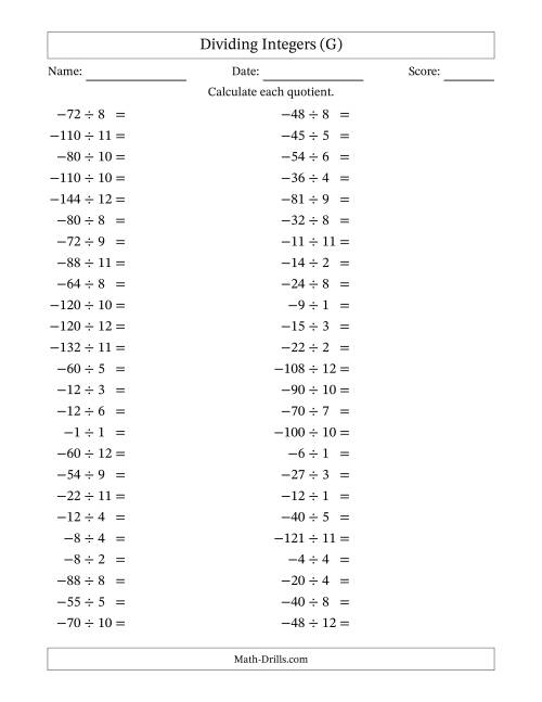 The Dividing Negative by Positive Integers from -12 to 12 (50 Questions) (G) Math Worksheet