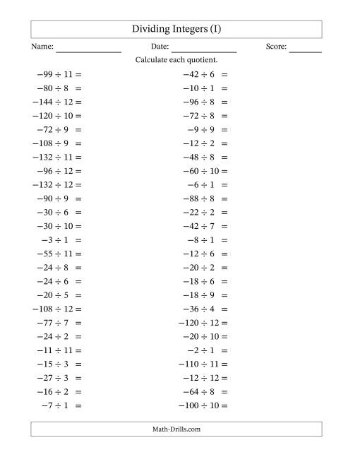 The Dividing Negative by Positive Integers from -12 to 12 (50 Questions) (I) Math Worksheet