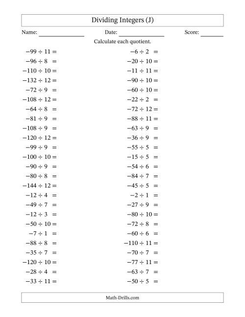The Dividing Negative by Positive Integers from -12 to 12 (50 Questions) (J) Math Worksheet