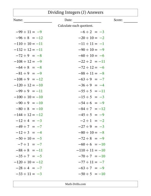 The Dividing Negative by Positive Integers from -12 to 12 (50 Questions) (J) Math Worksheet Page 2