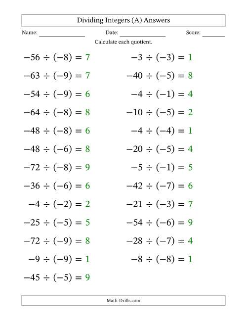 The Dividing Negative by Negative Integers from -9 to 9 (25 Questions; Large Print) (A) Math Worksheet Page 2