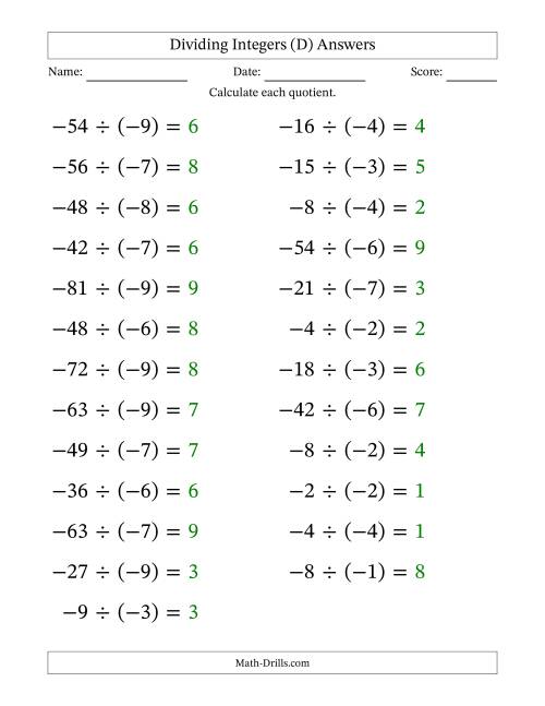The Dividing Negative by Negative Integers from -9 to 9 (25 Questions; Large Print) (D) Math Worksheet Page 2