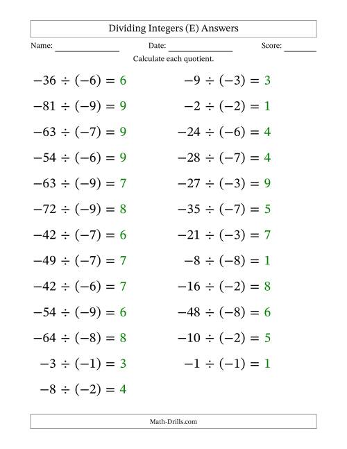 The Dividing Negative by Negative Integers from -9 to 9 (25 Questions; Large Print) (E) Math Worksheet Page 2