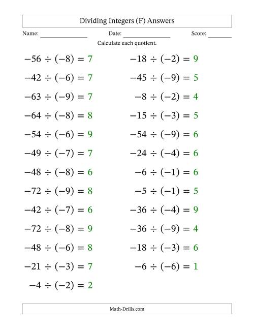 The Dividing Negative by Negative Integers from -9 to 9 (25 Questions; Large Print) (F) Math Worksheet Page 2