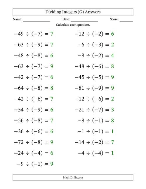 The Dividing Negative by Negative Integers from -9 to 9 (25 Questions; Large Print) (G) Math Worksheet Page 2