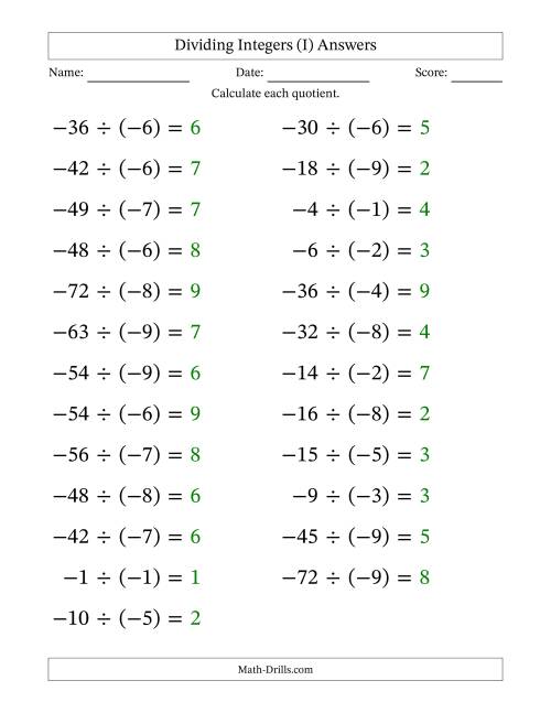 The Dividing Negative by Negative Integers from -9 to 9 (25 Questions; Large Print) (I) Math Worksheet Page 2