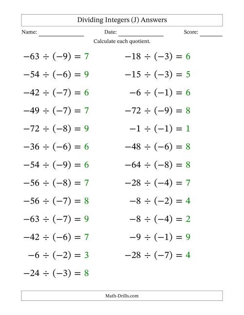 The Dividing Negative by Negative Integers from -9 to 9 (25 Questions; Large Print) (J) Math Worksheet Page 2