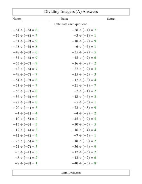 The Dividing Negative by Negative Integers from -9 to 9 (50 Questions) (A) Math Worksheet Page 2